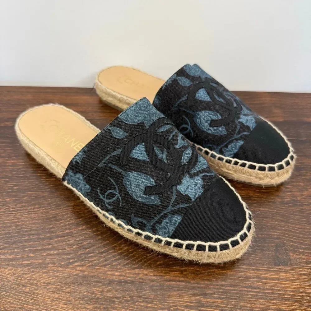 CHANEL Black and Blue Logo Espadrille Mules - Picture 1 of 10